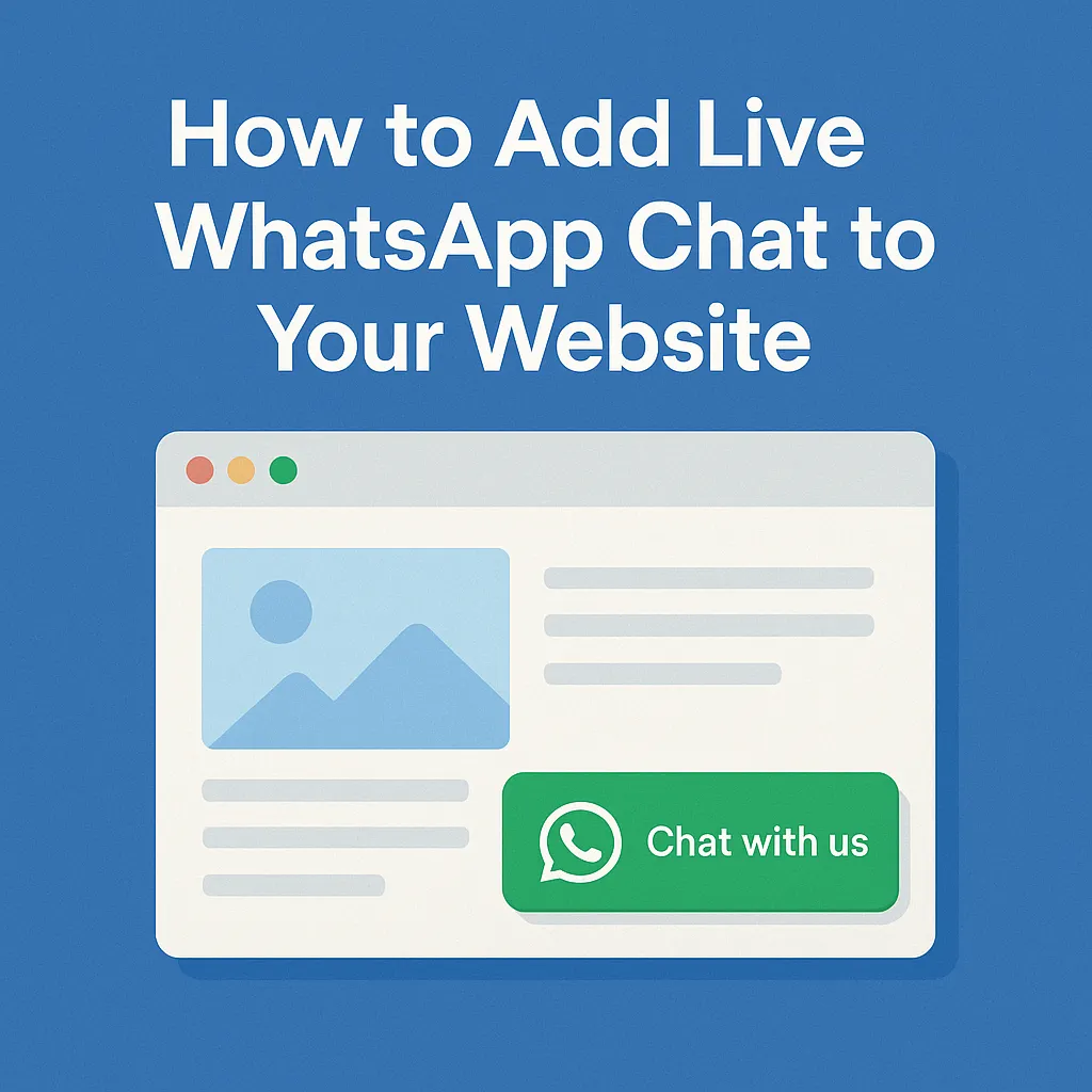 A web browser window showing a green WhatsApp chat button with the text "Chat with us" and the headline "How to Add Live WhatsApp Chat to Your Website" on a blue background.