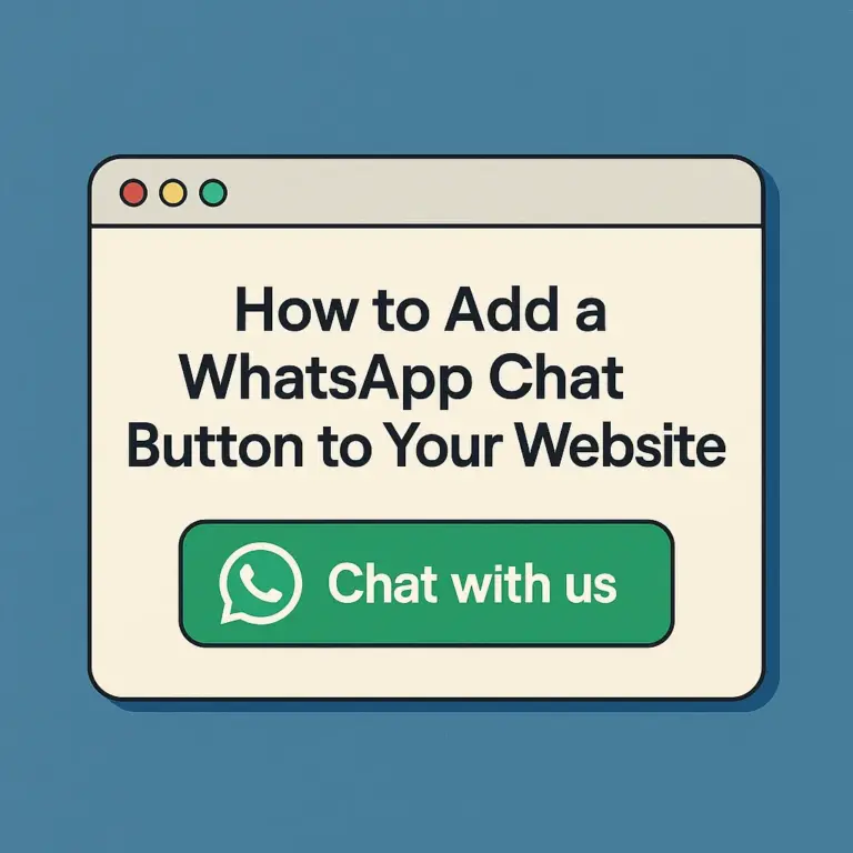 A stylized browser window displaying the title "How to Add a WhatsApp Chat Button to Your Website" with a green WhatsApp button labeled "Chat with us" on a textured blue background.