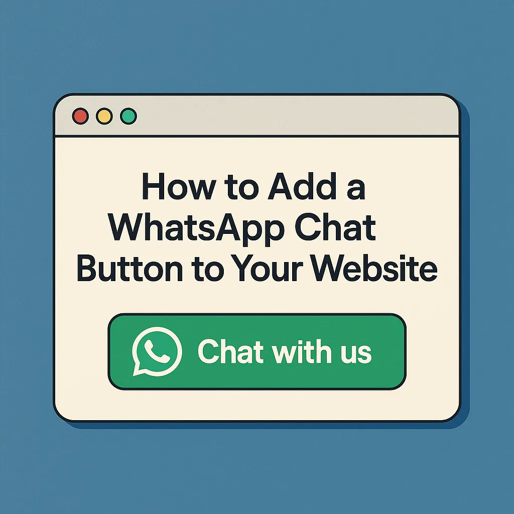 A stylized browser window displaying the title "How to Add a WhatsApp Chat Button to Your Website" with a green WhatsApp button labeled "Chat with us" on a textured blue background.