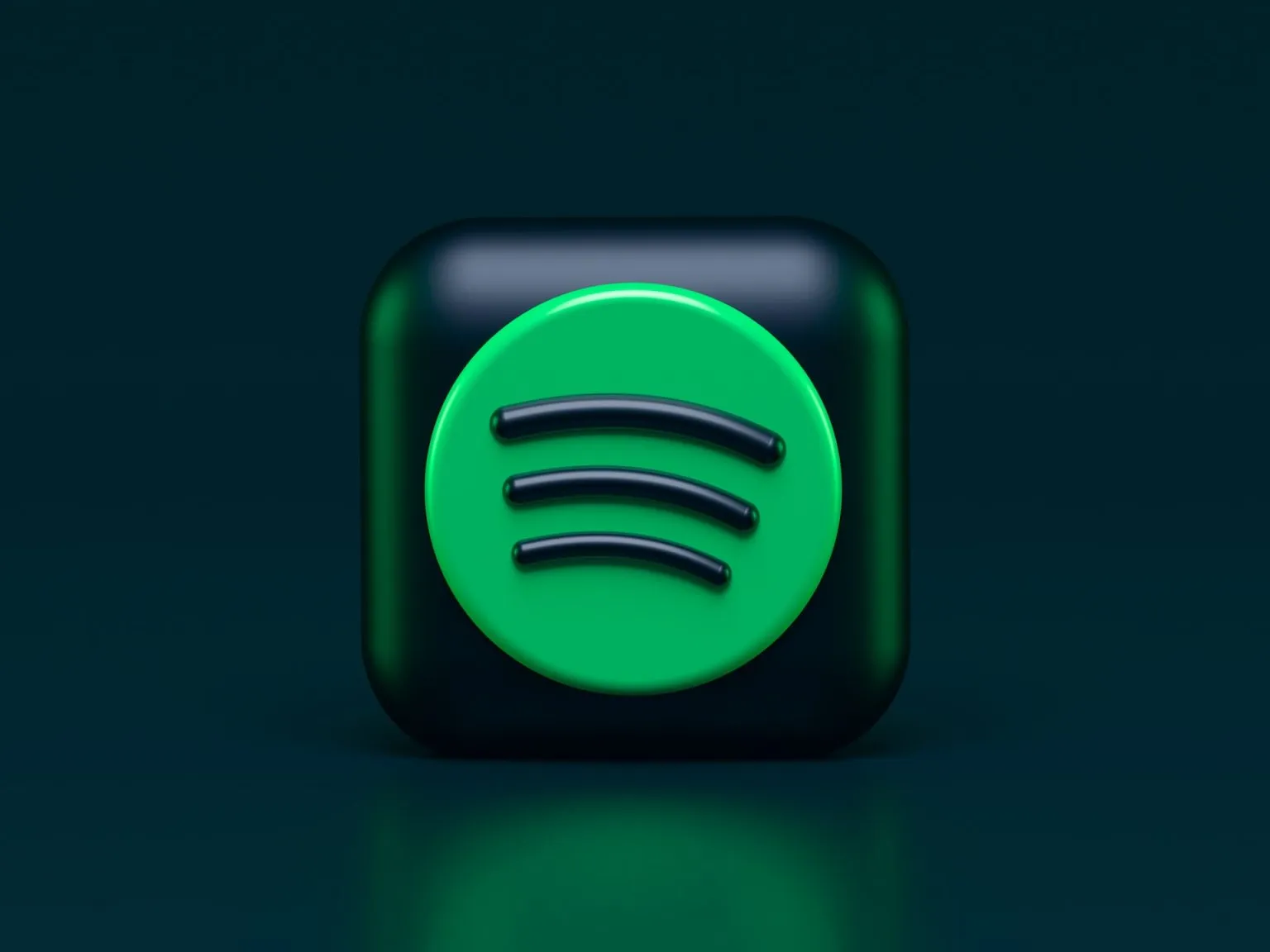 3D green Spotify logo on a dark blue background, symbolizing digital music streaming and Spotify’s sleek tech identity.