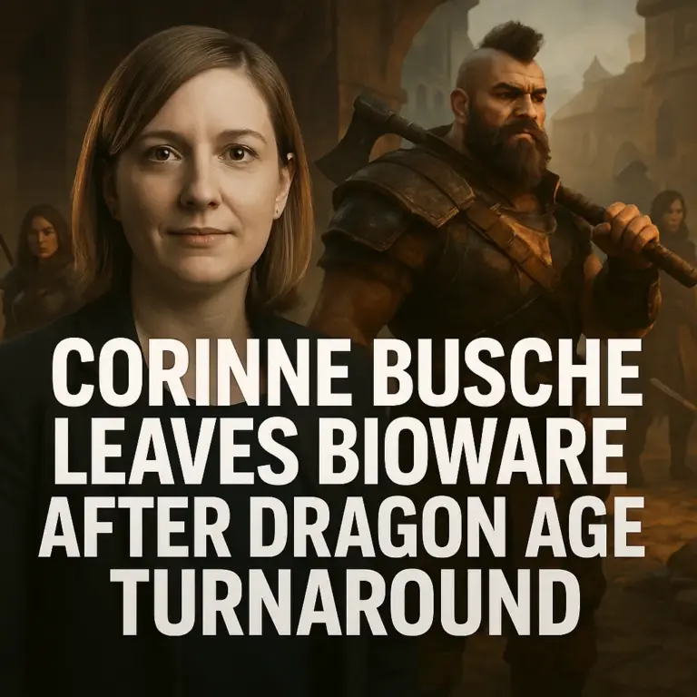 Corinne Busche stands in front of Dragon Age characters with the caption “Corinne Busche Leaves BioWare After Dragon Age Turnaround.”