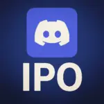 The Discord logo appears above bold white "IPO" letters on a dark blue background, symbolizing the platform’s move toward becoming a public company.
