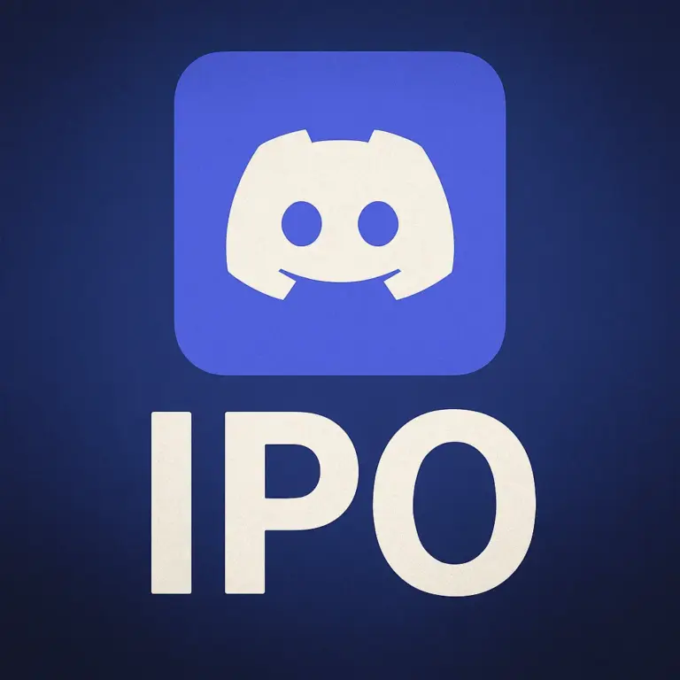 The Discord logo appears above bold white "IPO" letters on a dark blue background, symbolizing the platform’s move toward becoming a public company.