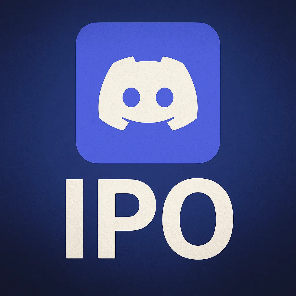 The Discord logo appears above bold white "IPO" letters on a dark blue background, symbolizing the platform’s move toward becoming a public company.