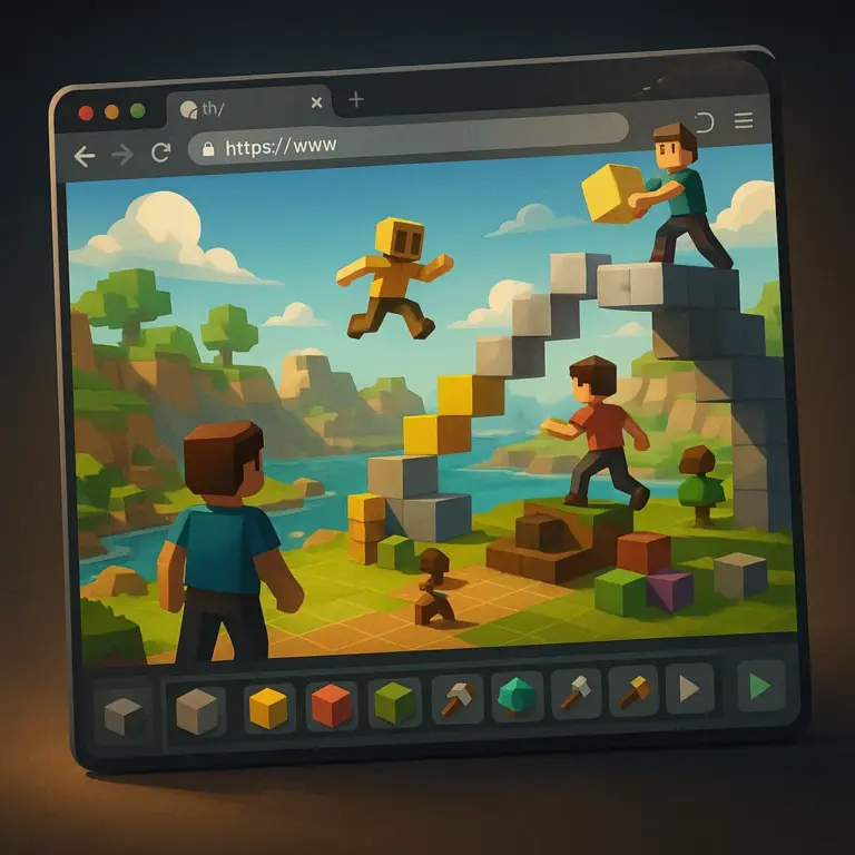 A colorful low-poly browser window displays players building a vibrant multiplayer world with blocks and tools, symbolizing the dot big bang platform.