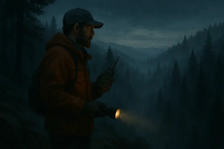 A man in an orange jacket and cap stands in a misty forest at twilight, holding a flashlight and walkie-talkie, staring into the fog-covered wilderness.