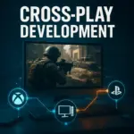 A soldier appears on-screen in a tactical shooter, with Xbox, PC, and PlayStation icons linked by glowing lines, symbolizing cross-play development in gaming.