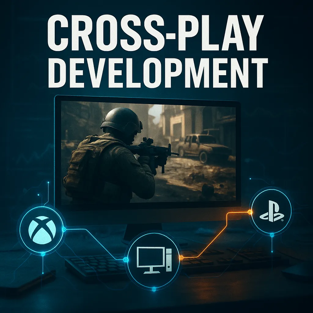 A soldier appears on-screen in a tactical shooter, with Xbox, PC, and PlayStation icons linked by glowing lines, symbolizing cross-play development in gaming.