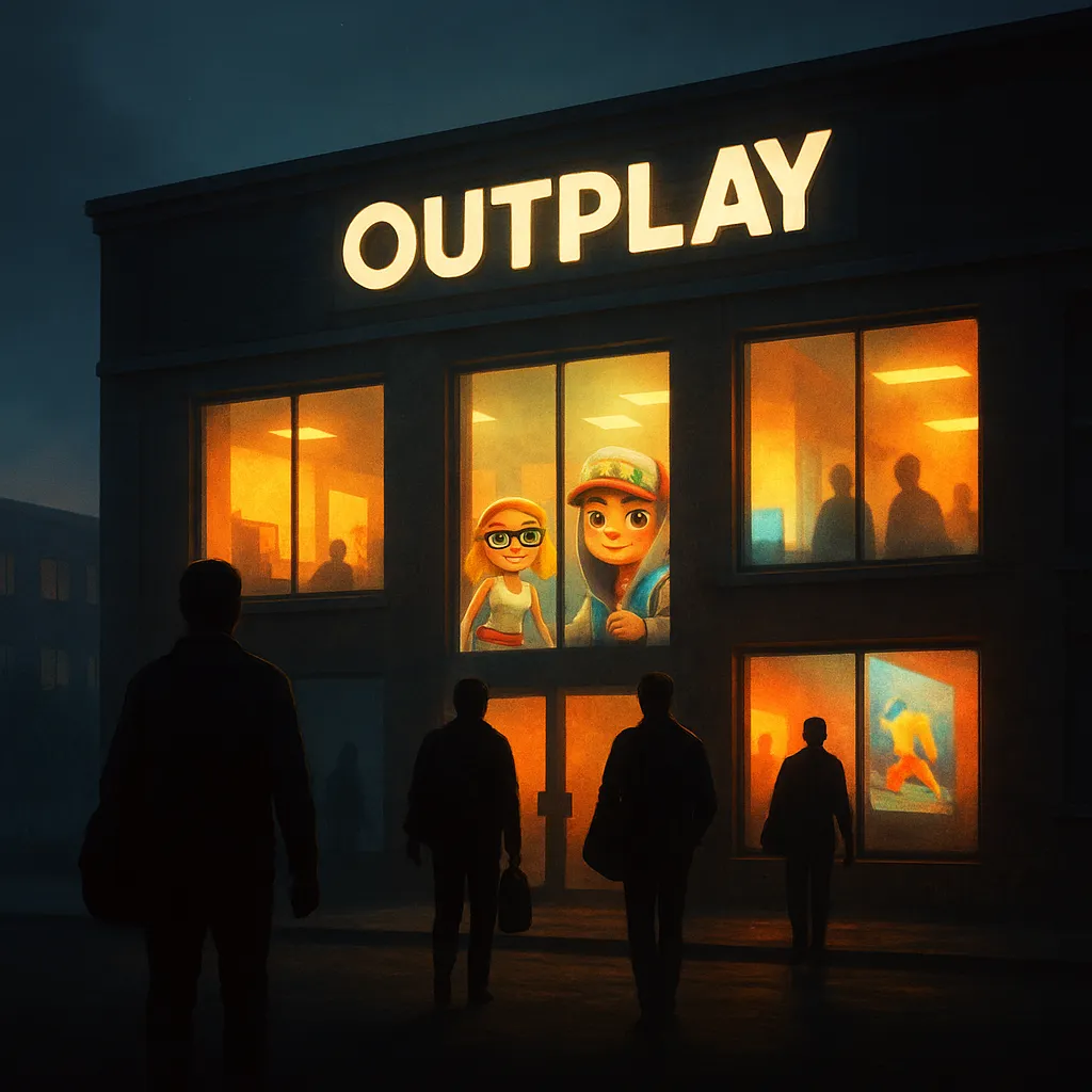 Silhouetted workers walk away from Outplay’s glowing office building at dusk, with game characters visible in brightly lit windows, symbolizing recent layoffs.