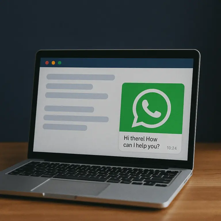 A digital photograph showcases a silver laptop displaying a WhatsApp chat widget with corrected text, reading "Hi there! How can I help you?" against a dark background.