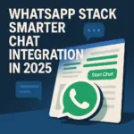 A digital illustration showing a web browser with a green WhatsApp chat button labeled "Start Chat," paired with the headline "WhatsApp Stack Smarter Chat Integration in 2025" on a blue gradient background.