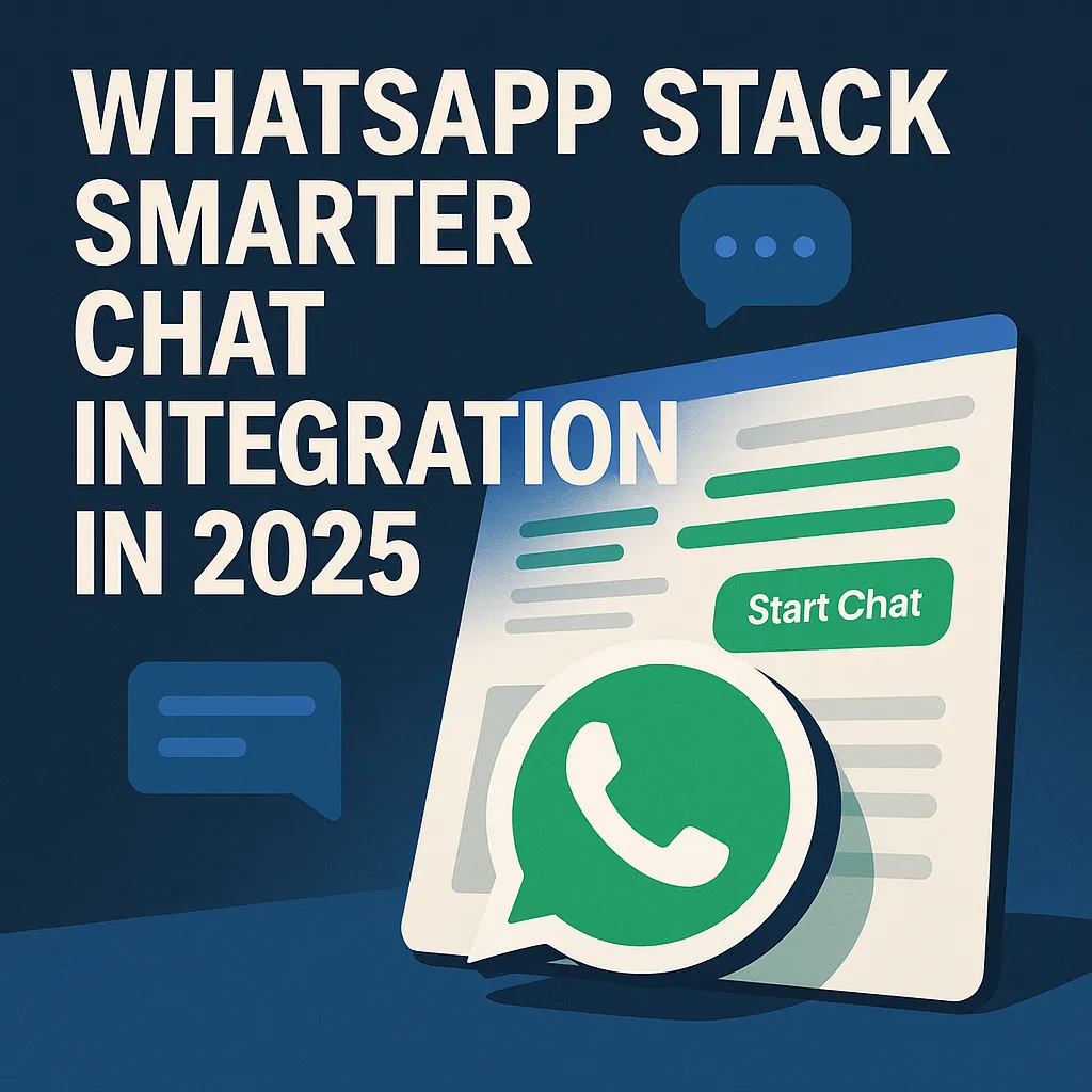 A digital illustration showing a web browser with a green WhatsApp chat button labeled "Start Chat," paired with the headline "WhatsApp Stack Smarter Chat Integration in 2025" on a blue gradient background.