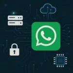 A 2D digital illustration features the WhatsApp logo at the center, connected to icons of a server, cloud, lock, and processor chip through circuit lines on a dark background.