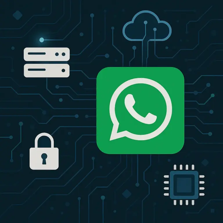 A 2D digital illustration features the WhatsApp logo at the center, connected to icons of a server, cloud, lock, and processor chip through circuit lines on a dark background.