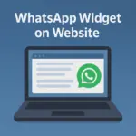 A digital illustration of a laptop displaying a website with a WhatsApp chat widget, set against a blue background with the text "WhatsApp Widget on Website".